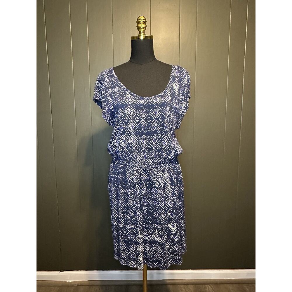 Lucky Brand Blue Geometric Tile Print Drawstring Waist Dress L Large
